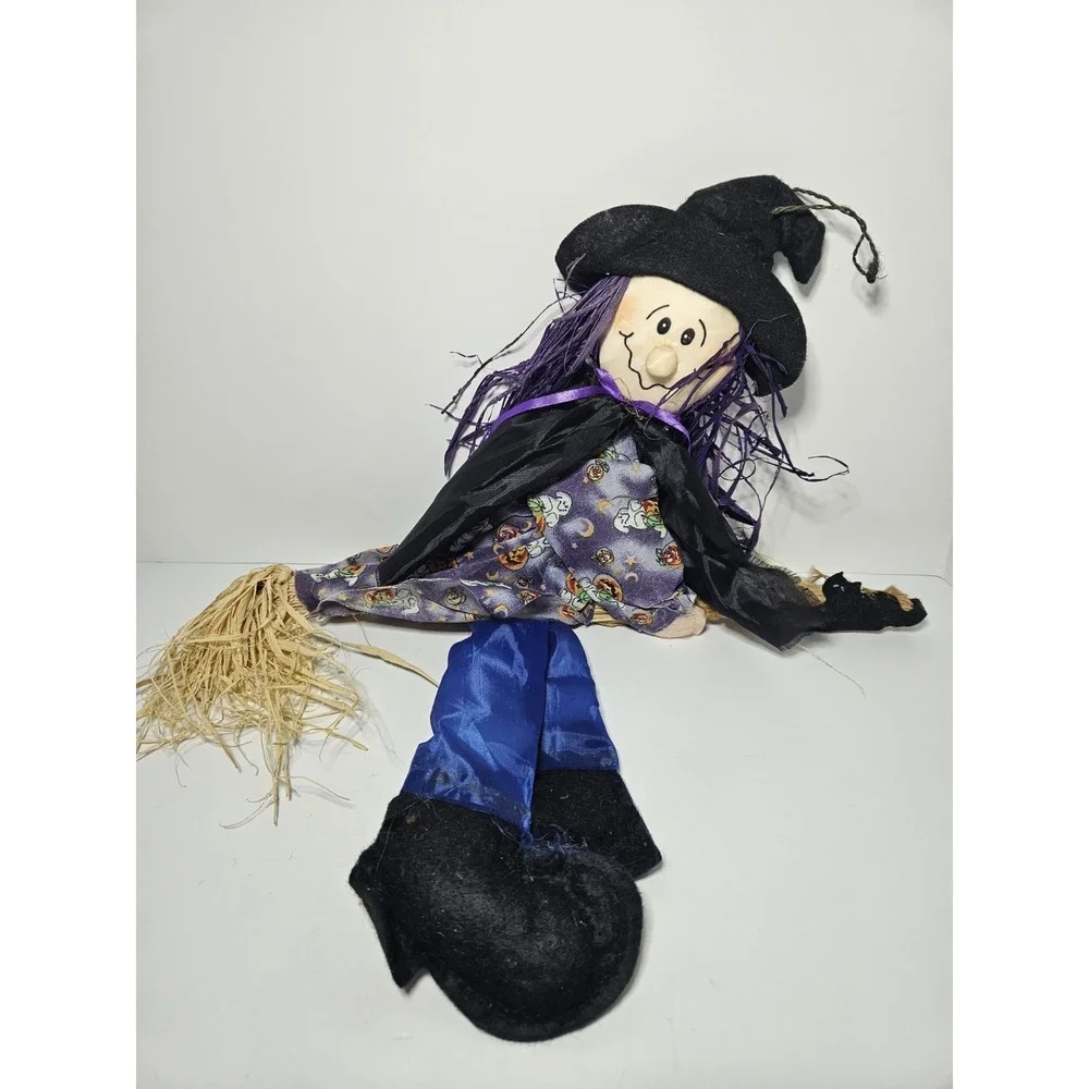 Flying Witch Hanging Decoration Straw Broom Black Cat Halloween Plush Folk Art